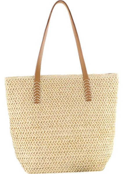 Kadın Straw Bag Alışveriş Seyahat Çantası Yaz Lady Çanta Tatil Günlük Bej(Yurt Dışından)
