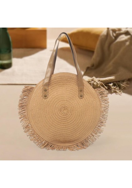 Yuvarlak Saman Çanta Dokuma Çanta Moda Omuz Çantası, Deniz Kenarındaki Fermuar ile(Yurt Dışından)