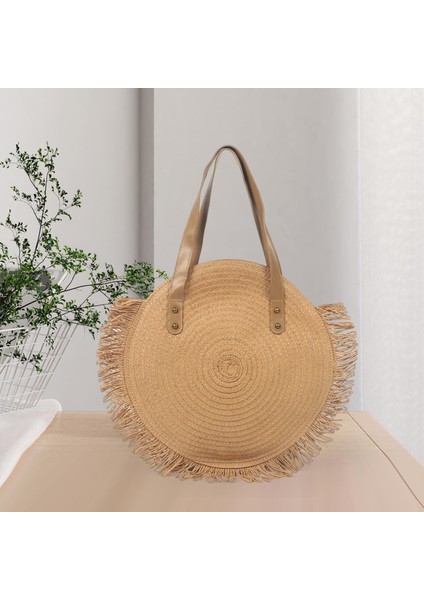 Yuvarlak Saman Çanta Dokuma Çanta Moda Omuz Çantası, Deniz Kenarındaki Fermuar ile(Yurt Dışından)