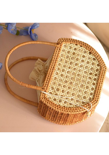 Rattan Dokuma Çanta Vintage Tarzı Debriyaj Çantası Iç Cep El Sepeti Yarım Daire Şeklinde