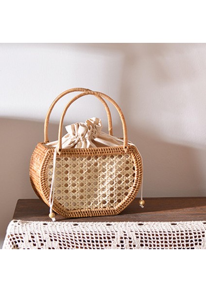 Rattan Dokuma Çanta Vintage Tarzı Debriyaj Çantası Iç Cep El Sepeti Yarım Daire Şeklinde