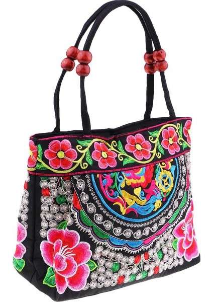 Retro Kadın Nakış Çantası Ulusal Omuz Çantası Tote Seyahat Çantası 31X51CM E