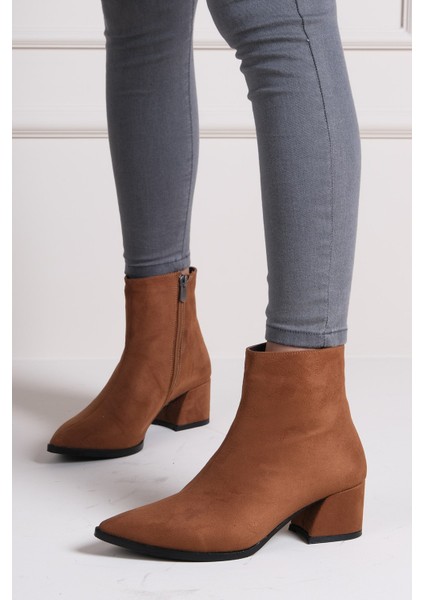 Erika Taba Renk Süet Ince Kürk Astarlı Fermuarlı Kadın Topuklu Bot