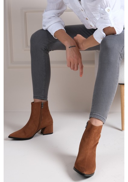 Erika Taba Renk Süet Ince Kürk Astarlı Fermuarlı Kadın Topuklu Bot fiyatları