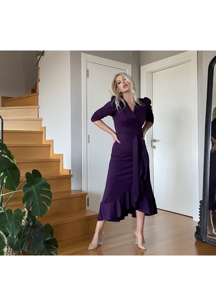 Krep Kumaş Midi Boy Kuşaklı Uzun Kol Elbise (Mürdüm) modelleri