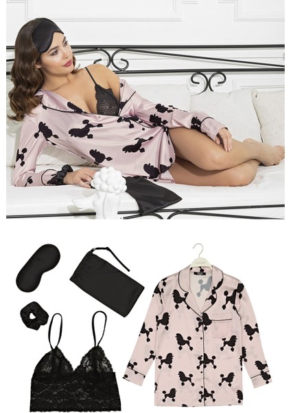 Saten 5 li Köpek Desenli Nightshirt Takım S27163