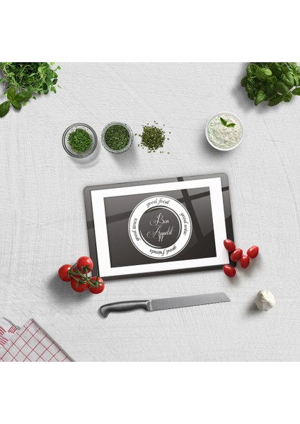 Cam Kesme Tahtası - Cam Kesme Tablası | Good Food - Siyah Fon | 20 cm x 30 cm
