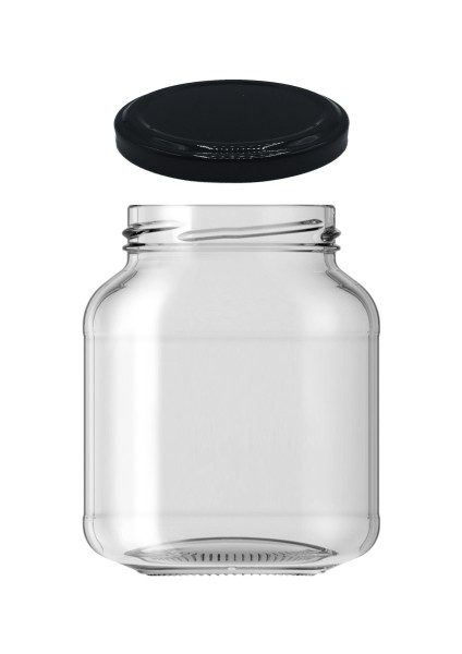 340 cc Kavanoz Metal Siyah Konserve Kapaklı Yassı Şeffaf Cam Kavanoz 340 ml Ezme Kavanozu 1 Adet