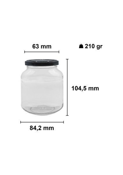 340 cc Kavanoz Metal Siyah Konserve Kapaklı Yassı Şeffaf Cam Kavanoz 340 ml Ezme Kavanozu 1 Adet