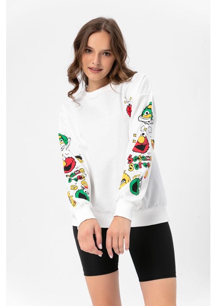 Kadın Baskı Detaylı Bisiklet Yaka Oversize Sweatshirt