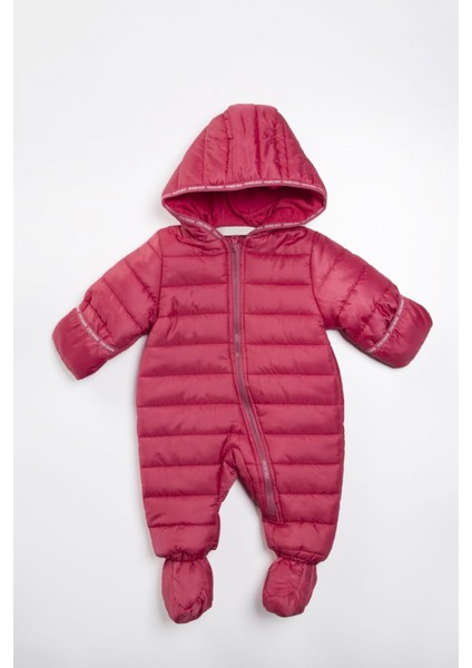 Unisex Bebek Vişne Kışlık Panduf Ayaklı Kapüşonlu Kozmonot Tulum