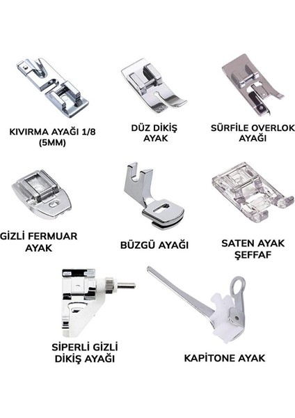 Ev Tipi Aile Dikiş Makinesi 8 Parça Ayak Seti