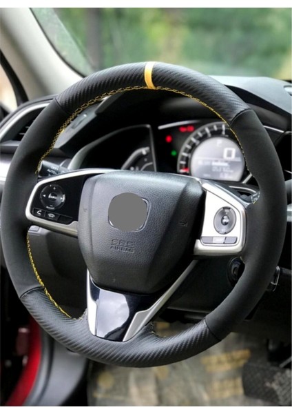 Opel Corsa D-E Dikmeli Deri Direksiyon Kılıfı Alkantra-Karbon Sarı Yüzüklü