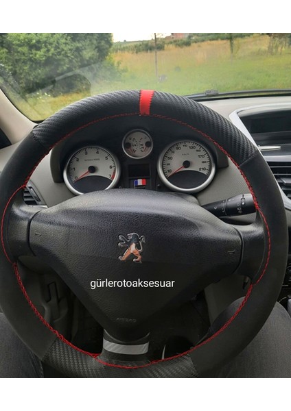 Peugeot 206 Dikmeli Direksiyon Kılıfı Alkantara-Karbon Kırmızı