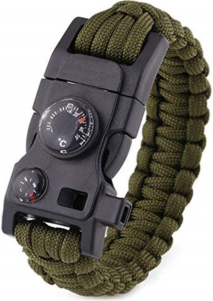 Outdoor Outlet Paracord Paraşüt Ipi Bileklik - Ateş Başlatıcı-Düdük-Pusula-Termometre - Çok Amaçlı Kit (Haki)