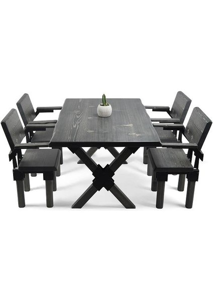 Doğal Ağaç Masif Ahşap Yemek Masası 90 cm x 200 cm 6 Sandalye