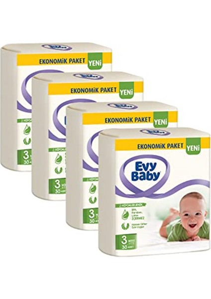 Evy Baby Bebek Bezi 3 Beden (5-9 Kg)Midi %100 Doğal Pamuk, 120 Adet