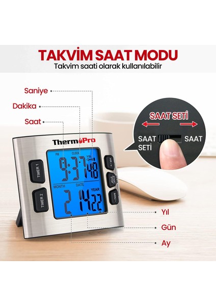 Thermopro TM02 Mutfak, Spor, Ders Için Alarmlı, Işıklı, Çift Geri Sayımlı Kronometre ve Dijital Saat