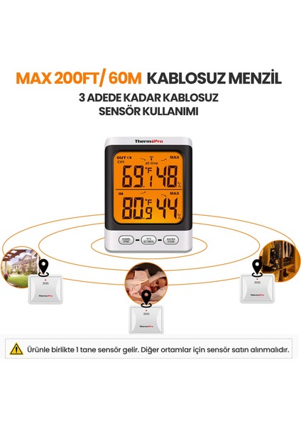 Npo Thermopro TP62 Iç ve Dış Mekan (Sensörlü) Dijital Sıcaklık ve Nem Ölçer