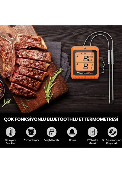 Thermopro TP920 Cep Telefonu Kontrollü, Bluetooth ve Çift Problu Profesyonel Gıda Pişirme Termometre