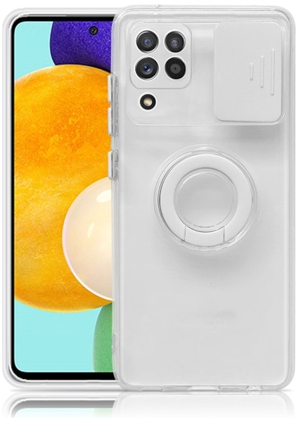 Sm Galaxy A12 - M12 - F12 Kılıf Sürgülü Kamera Lens Korumalı Yüzük Standlı Silikon Kılıf ALL-35507