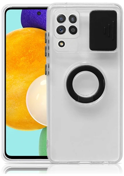 Sm Galaxy A12 - M12 - F12 Kılıf Sürgülü Kamera Lens Korumalı Yüzük Standlı Silikon Kılıf ALL-35507