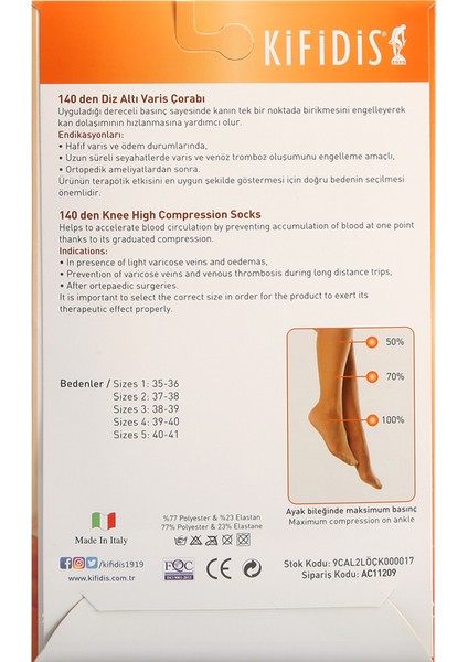 Kifidis 140 Den. 18-20 Mmhg Diz Altı Çorabı