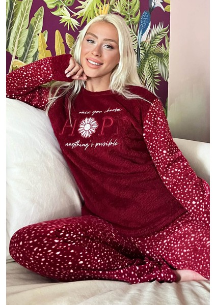 Bordo Hope Desenli Kadın Peluş Pijama Takımı