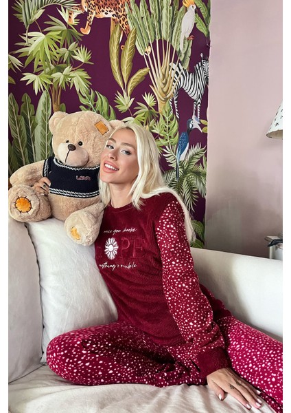 Bordo Hope Desenli Kadın Peluş Pijama Takımı