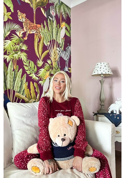 Bordo Hope Desenli Kadın Peluş Pijama Takımı