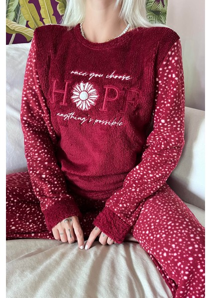 Bordo Hope Desenli Kadın Peluş Pijama Takımı