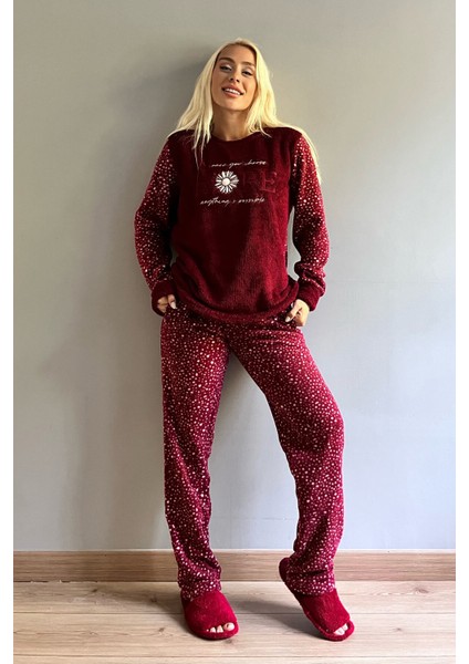 Bordo Hope Desenli Kadın Peluş Pijama Takımı