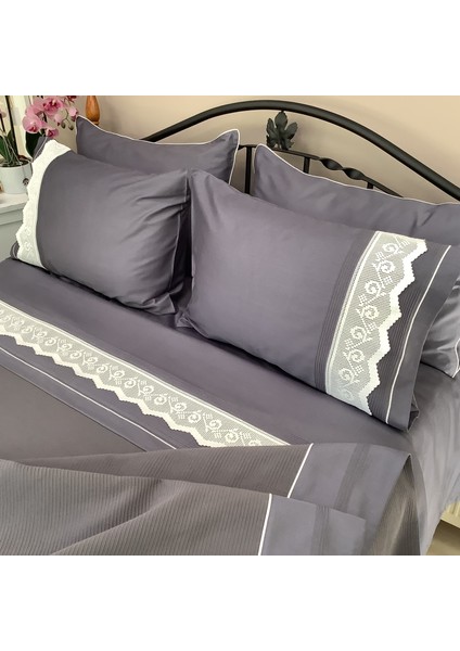 Oya Home El Dantelli Koyu Gri Pike Takımı-6 Parça