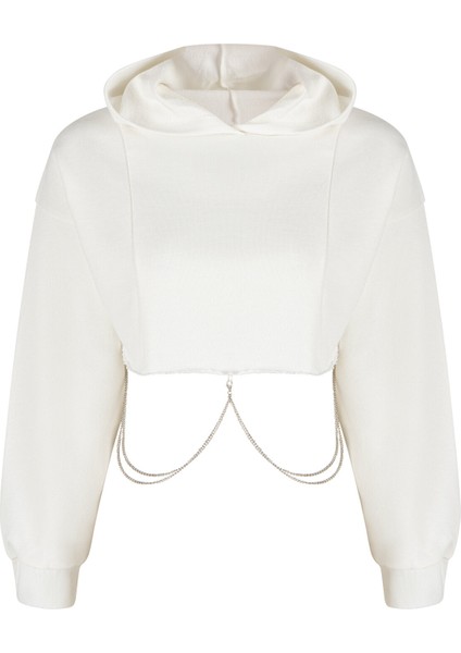 Kırık Beyaz Crop Chain Detailed Sweatshirt