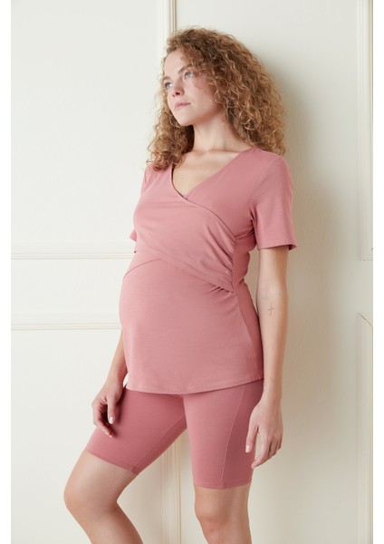 Koyu Pembe Hamile Envelop Tişört Pijama Üstü