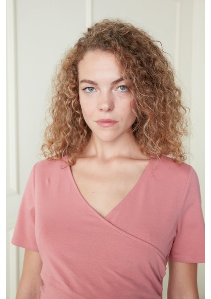 Koyu Pembe Hamile Envelop Tişört Pijama Üstü