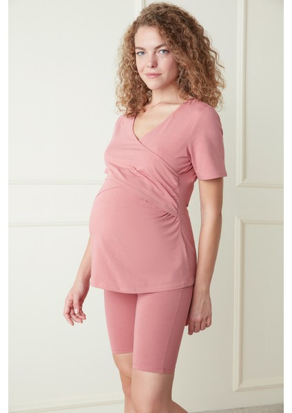 Koyu Pembe Hamile Envelop Tişört Pijama Üstü
