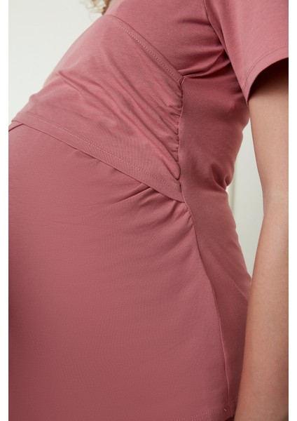 Koyu Pembe Hamile Envelop Tişört Pijama Üstü