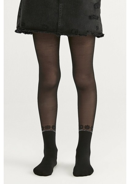 Siyah Kız Çocuk Çicekli Külotlu Çorap