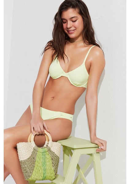 Parlak Yeşil Ribbed Basic Balenli Bikini Üstü