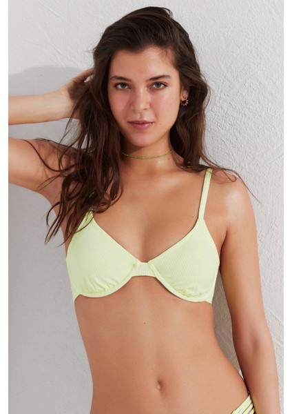 Parlak Yeşil Ribbed Basic Balenli Bikini Üstü