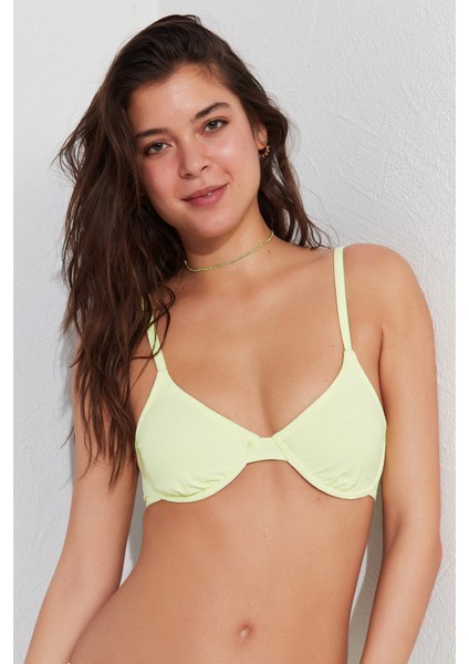 Parlak Yeşil Ribbed Basic Balenli Bikini Üstü