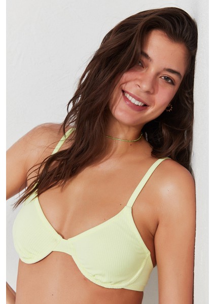 Parlak Yeşil Ribbed Basic Balenli Bikini Üstü