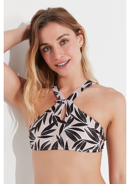 Çok Renkli Leaf Art Halter Bikini Üstü