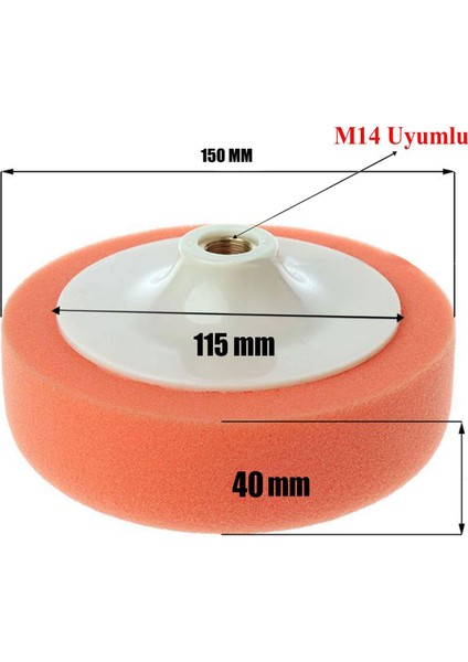 Pasta Cila Polisaj Süngeri Zımpara Tabanlı Turuncu 150 mm + M14 Matkap Aparatı