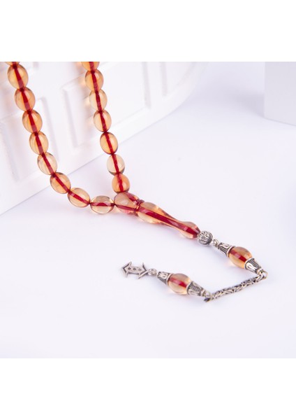 Gümüş Püsküllü Beyzi Kesim Ateş Kehribar Tesbih Z1714