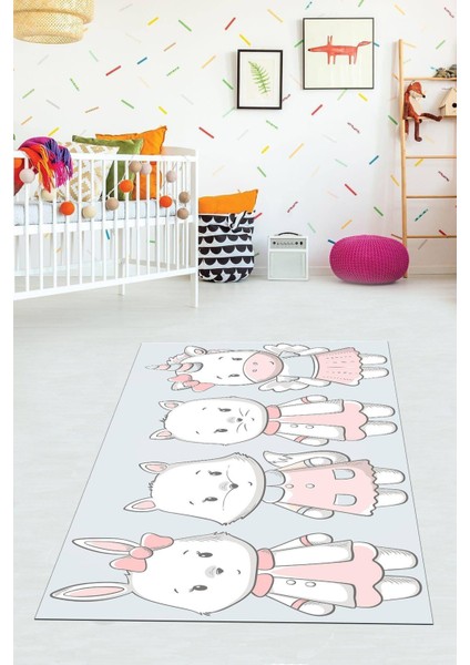 Dijital Baskılı Kaymaz Taban Yıkanabilir Modern Tavşanlı Çocuk Odası Halısı VHÇ-HP-709