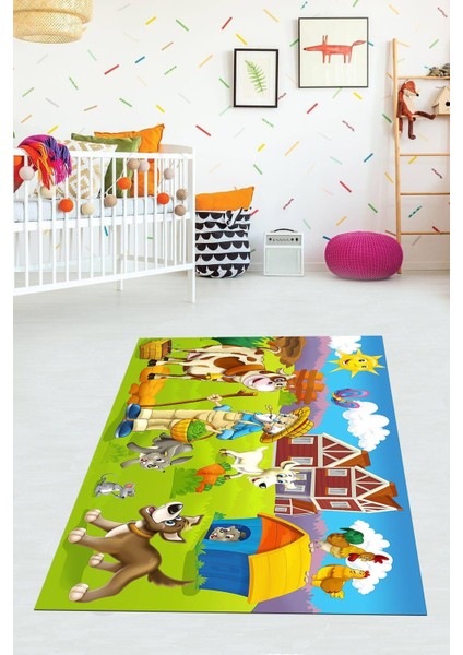 Dijital Baskılı Kaymaz Taban Yıkanabilir Çizgi Film Desenli Çocuk Odası Halısı VHÇ-HT-1140