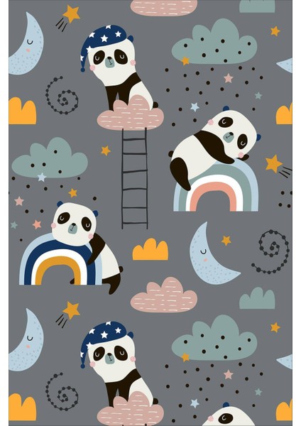 Dijital Baskılı Kaymaz Taban Yıkanabilir Modern Pandalı Çocuk Odası Halısı VHÇ-HP-677