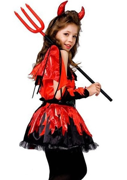Çocuk Halloween Şeytan Çatalı ve Otrişli Peluş Şeytan Tacı Seti Kırmızı Renk